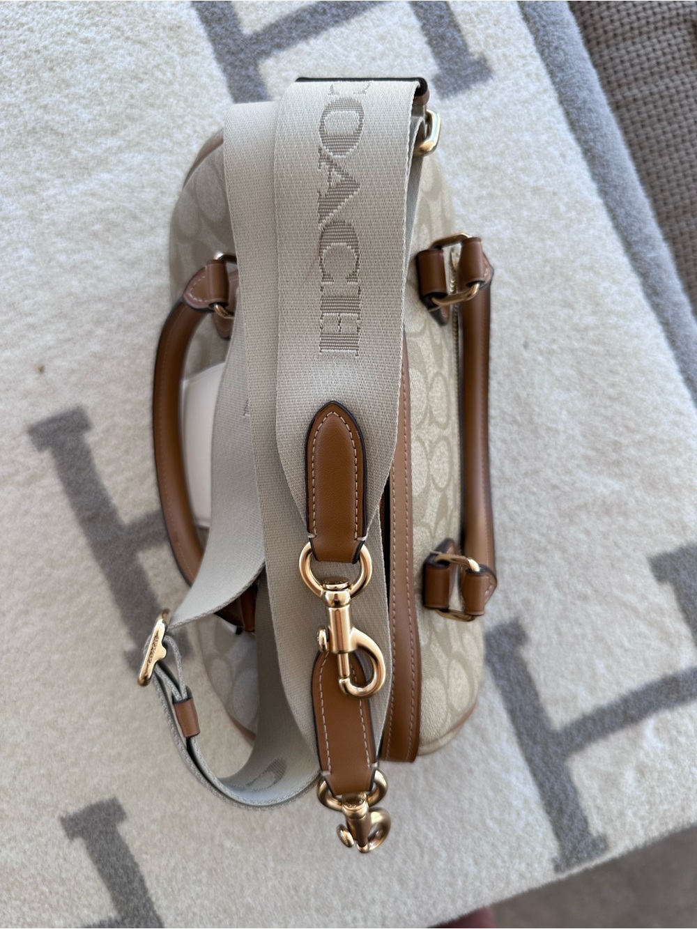 Coach Beige and Ivory Signature Barrel Satchel with Detachable Strap - Picture 13 of 14